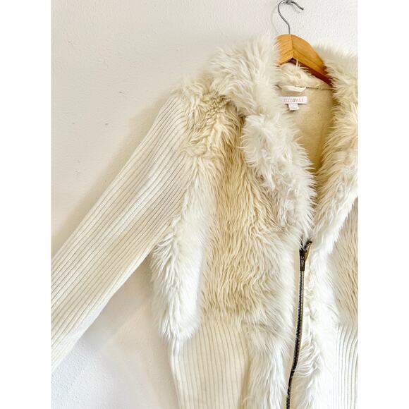 Off White Faux Fur Ribbed Knit Zip Up Cardigan size large - Picture 6 of 10